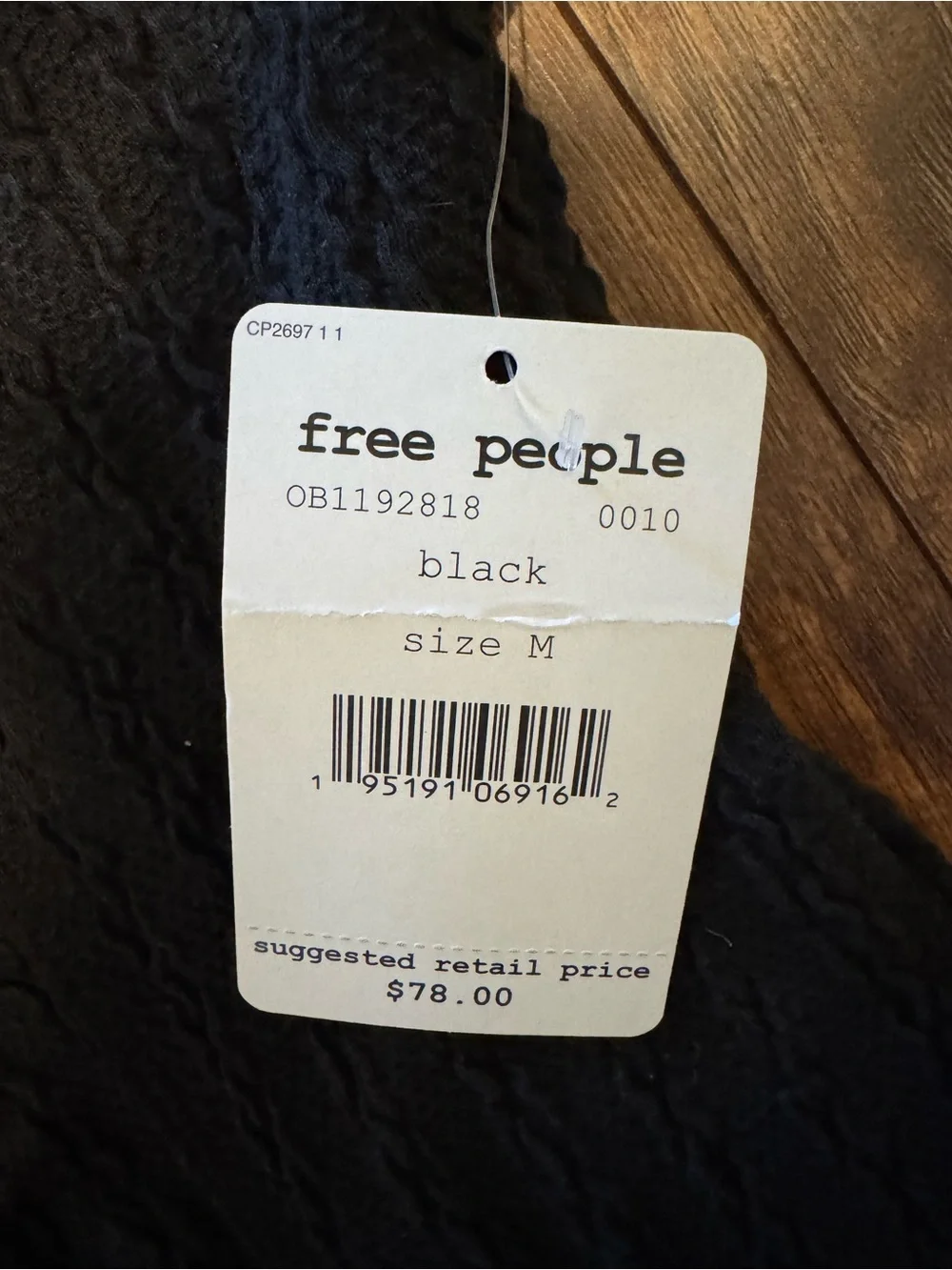 NWT Free People Black Ribbed Square-Neck Long Sleeve Top with Back Tie